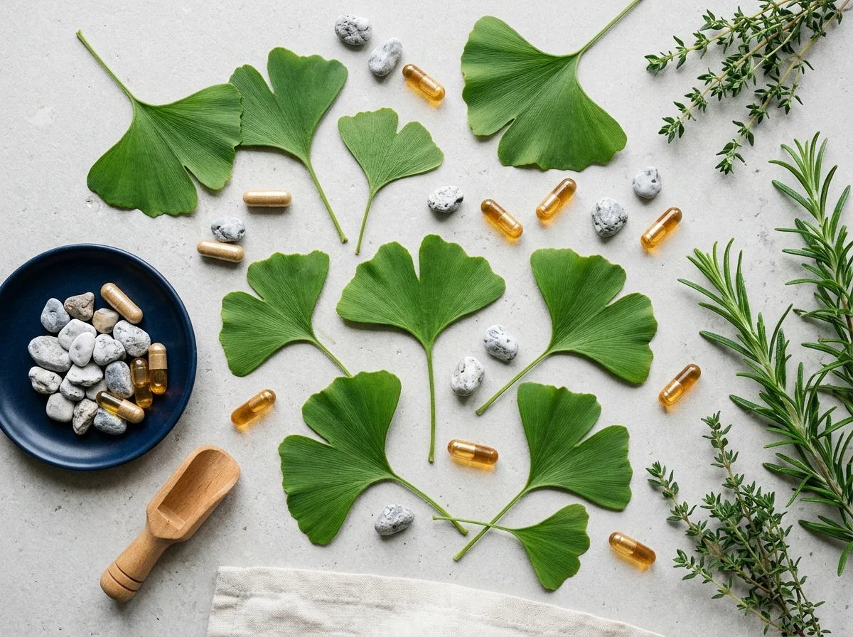 Ginkgo biloba blad, zinkmineral och gröna örter på ljus stenytan - naturliga ingredienser