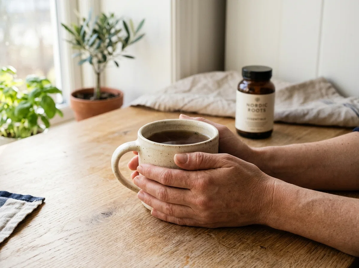 Händer håller en varm mugg i ett nordiskt kök, kosttillskott i bakgrunden